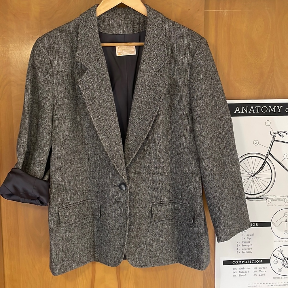 Pendleton wool blazer in grey herringbone, size 12/14